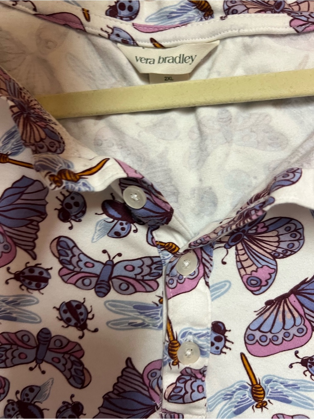 Vera Bradley White Button-Up Shirt with Purple and Pink Butterflies & Ladybugs
